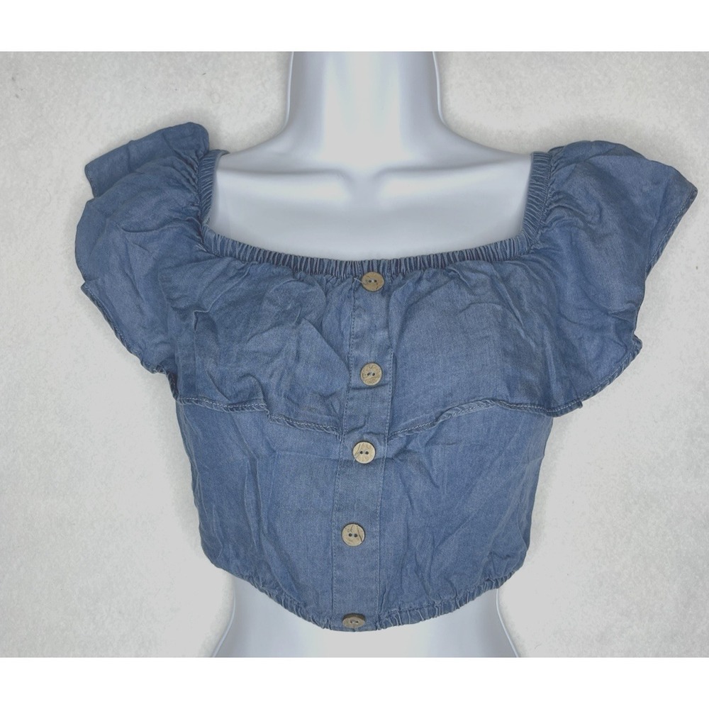 Haute Mende Blue Jean Ruffle Off Shoulder Crop Top Medium Peasant - Picture 2 of 6